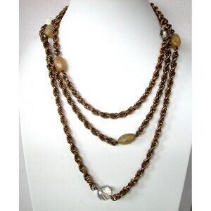 Vintage Multi-Strand Gold-Tone Chain Necklace With Glass Beads 62 inch